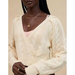 Aerie Chunky Knit Puff Sleeve Cropped Cardigan Sweater Ivory Cream White Trendy